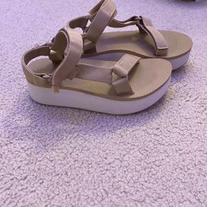 Tan and white Velcro Tevas